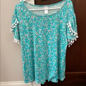 Floral Teal Women's Top with Pom-Pom Petal Sleeves